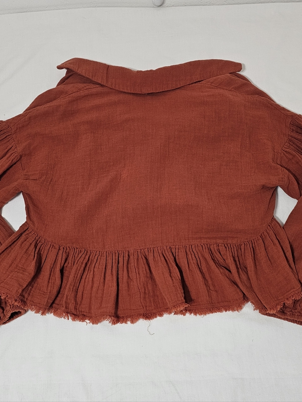 Free People Rust Orange Ruffle Crop Jacket Top XS Boho Cottagecore Cotton Gauze - Picture 5 of 8